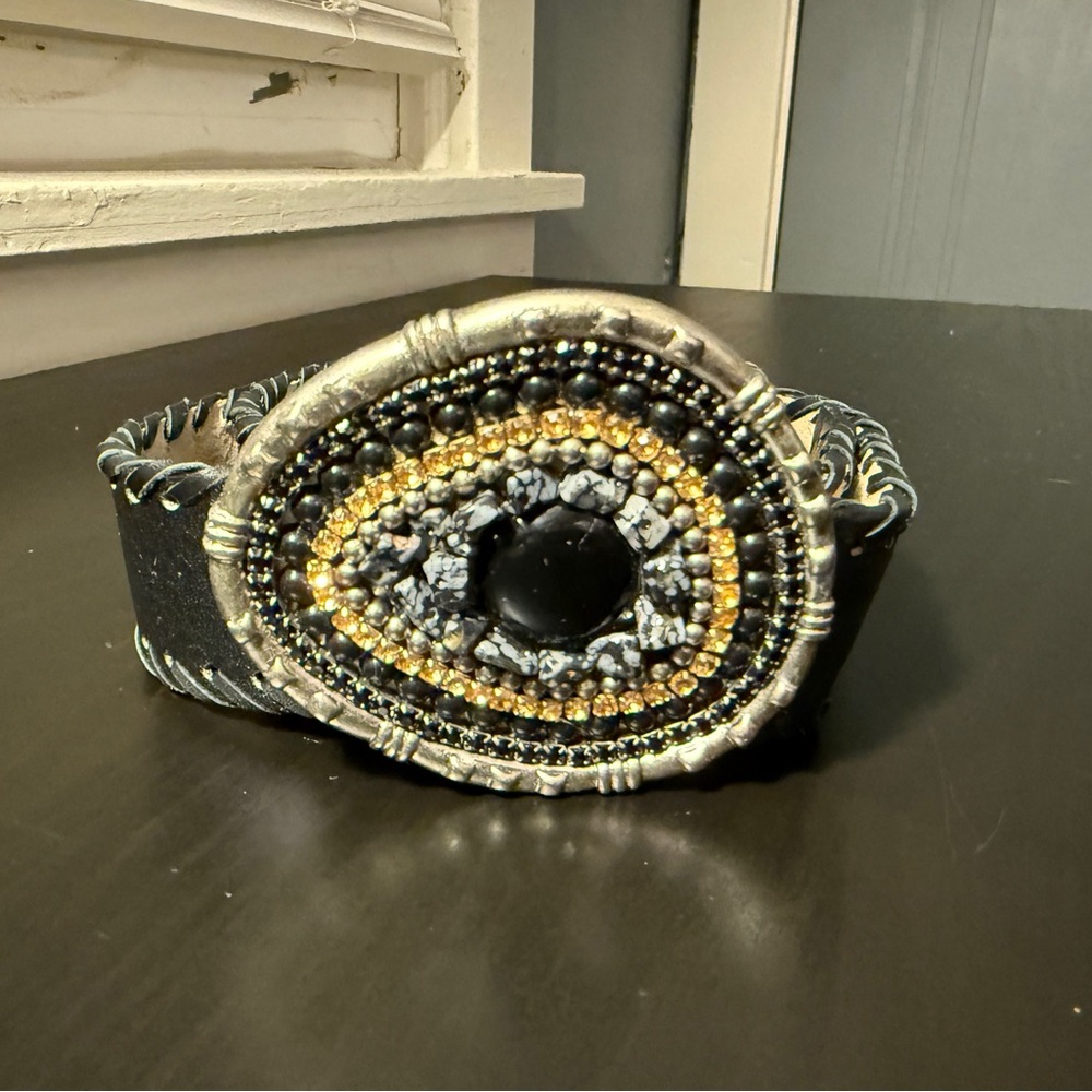 Vintage Black and Gold Beaded Genuine Leather Nine West Women's Belt